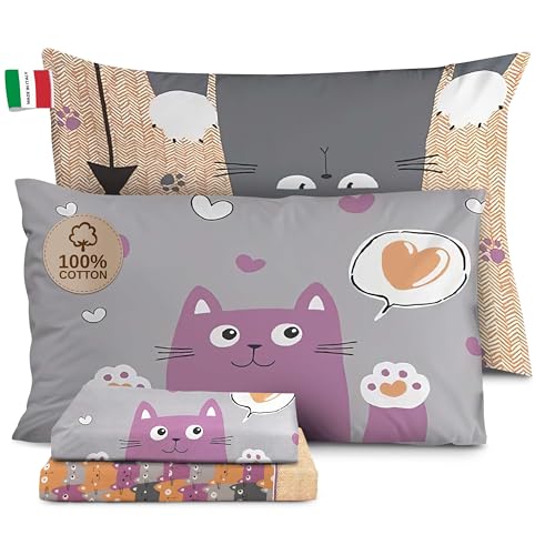 HomeLife Completo Lenzuola Matrimoniali Cotone Fantasia Made in Italy | Set Lenzuola Matrimoniale Cotone: Lenzuolo Matrimoniale Sopra, Lenzuolo Sotto Con Angoli, Due Federe Cuscini |Gatti, Arancio