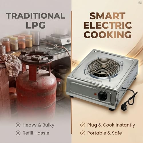 Image of Drumstone 2000W Stainless Steel Electric G Coil Cooktop | Radiant Hot Plate with Rotary Temperature Control | Heavy Duty Single Burner Stove, Chrome Finish, Compatible with All Metal Cookware