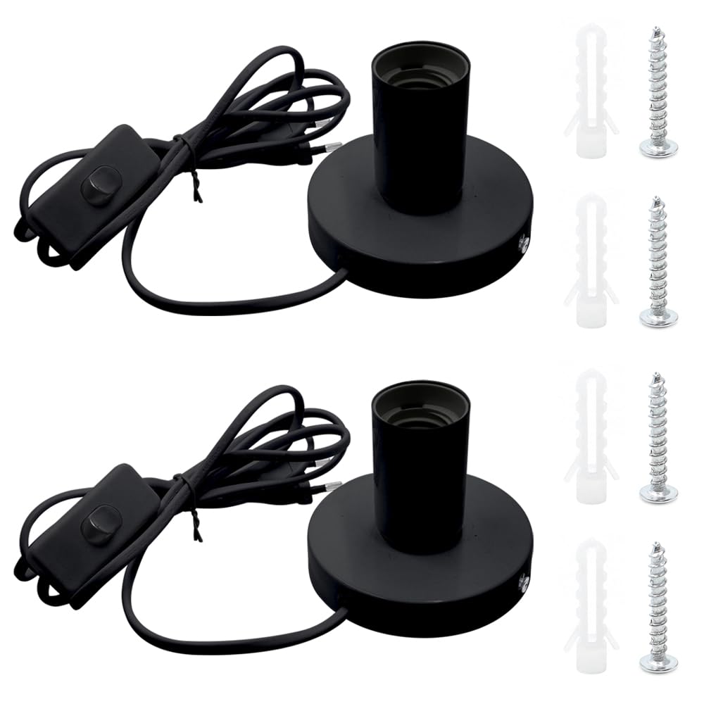 GOIYZTTR 2 Stück Vintage E27 Tischlampenfuß Schreibtischlampe Lampenfassung mit Kabelschalter E27 Fassung Schwarz mit 1,8m Netzkabel Schraubring Schalter für Pendelleuchte Lampenaufhängung