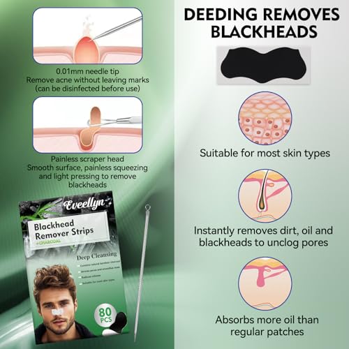 Eveellyn Mitesserentferner Stripes, 80 Stück Mitesser Entferner, Tiefenreinigende Mitesser-Nasenstreifen mit Aktivkohle für Alle Hauttypen, Für Männer und Frauen