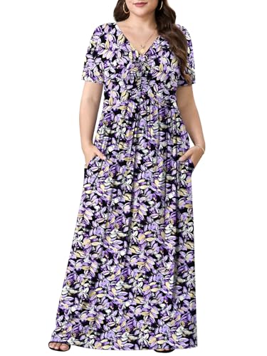 Image of PEVRL Plus Size Summer Maxi Dress for Curvy Women with Pockets 1X-5X | Short Sleeve, Twisted Front V-Neck, Summer Casual A Line Flowy Dress, Empire Waist Floral Print Beach Vacation Long Dress