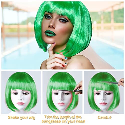 Image of PLULON Dark Green Bob Wig and Sunglass Set, Neon Short Bob Wig Sunglass Pack Costume Colorful Cosplay Wig Hairpieces for Bachelorette Neon Party Favors, Halloween Decorations (Pack of 3)
