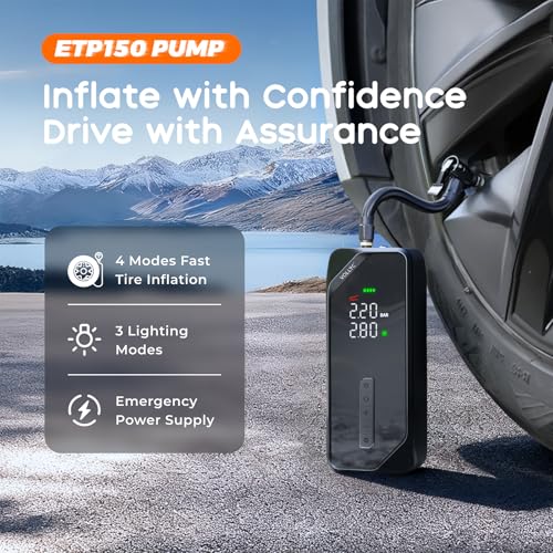 Image of Car Tire Inflator Portable Air Compressor-150 PSI Tire Pump for Car Tires, Electric Bike Tire Pump, Cordless Bike Pump with Digital Pressure Gauge, 4 Preset Modes for Car Bike Motorcycle Balls