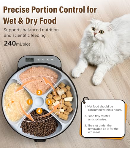 Casfuy Battery-Operated Automatic Cat Feeder - Whisker Friendly Automatic Cat Food Dispenser for Wet Dry Food Cordless 4-Meal Auto Feeder for Cats Small Dogs with Programmable 12H/24H Format Timer - Image 4