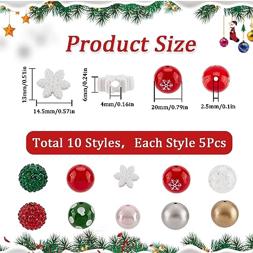 SUNNYCLUE 1 Box 50Pcs 10 Styles 20mm Christmas Bead Set Large Acrylic Bead Bulk Snowflake Loose Bead Mini Round White Red Winter Xmas Holiday Spacer Bead for jewellery Making Charms DIY Necklace Adult - Image 2