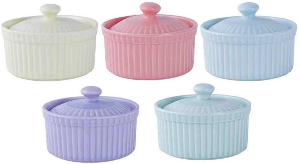 Lot de 5 ramequins en porcelaine pour pâtisserie, mini cocotte avec couvercle, plat de cuisson, bol à pudding, bol à dessert, 5 pièces