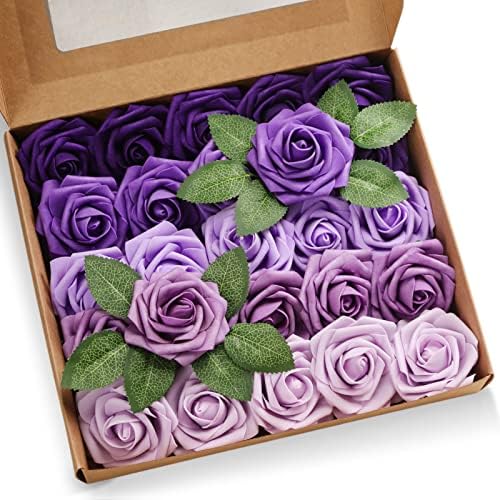 JaosWish Artificial Fake Flowers 25pcs Purple Lavender Roses Wedding Decorations Flowers with Stems for DIY Bouquets Arrangments Centerpieces Table Decor for Shower Pary Home