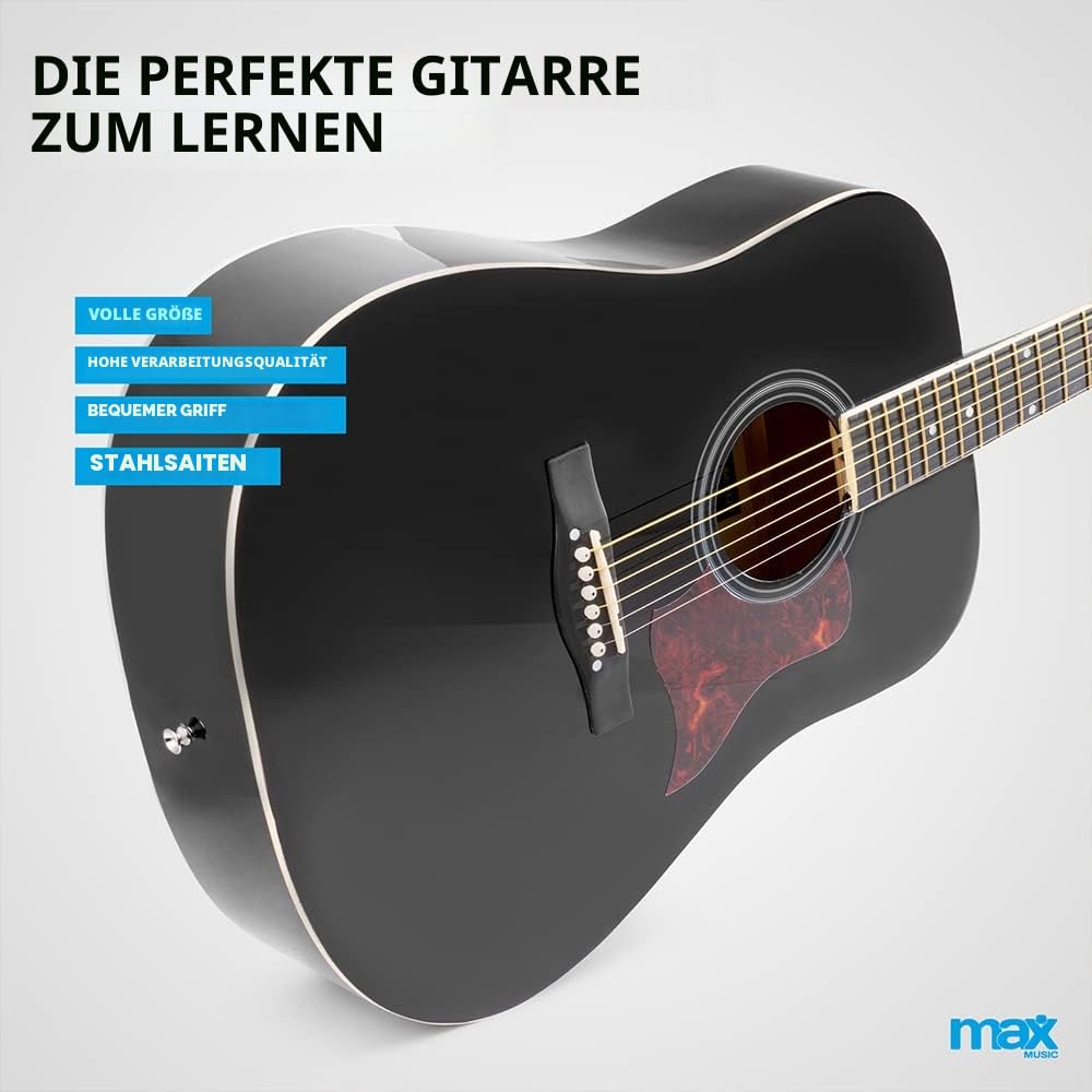 MAX SoloJam Westerngitarre, Akustik Gitarre Set, Acoustic Guitar, Akustikgitarre 4/4 mit Tasche, Plektrum, Stimmgerät, Schultergurt und Stahlsaiten, Anfängergitarre in Schwarz