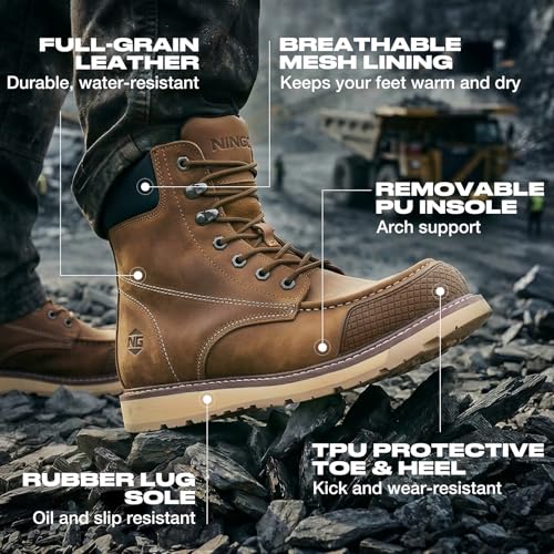 Image of NINGO Steel Toe Work Boots for Men, 6 Inch Full Grain Leather Moc Toe Boots for Men with Non Slip Wedge Outsole, Durable TPU Protective Toe Cap Mens Safety Shoes EH Rated for Construction Welding