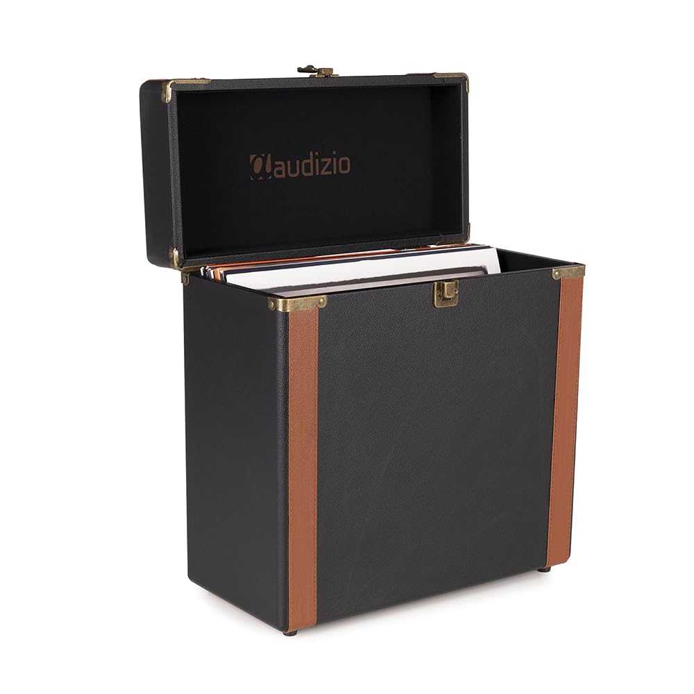 Audizio RC37 Vinyl Record Storage Case - Lux Black, Stylish LP Storage Case, Record Case Holder with Brass Details, Holds 30-35 Records, Metal Latch, Hinge & Carry Handle, Durable & Portable