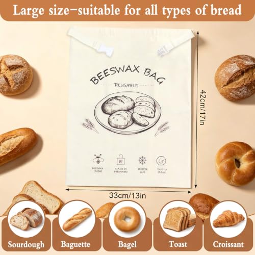 Mjuthy Lot de 2 sacs à pain en cire d'abeille, réutilisables, pour le stockage du pain, 42 x 32 cm, cire d'abeille naturelle, pour pain frais, petits pains, bagels et levain – vue 6
