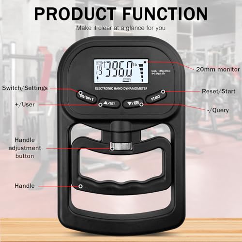 WIYETY Digitales Handdynamometer: Hand Dynamometer mit LED-Bildschirm 396lb/180Kg, Electronic Hand Grip Strength Tester Grip für Sportler und Heimgebrauch
