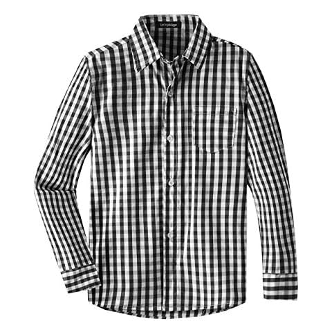 Spring&Gege Boys' Long Sleeve Poplin Button Down Shirt Plaid Uniform Dress Shirts, Black Large Check Gingham,9-10Years Cover
