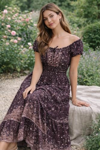 Image of Elegant Printed Off-Shoulder Maxi Dress for Women | Floral Boho Women Dress Summer Women One Piece with Puff Sleeves | Lightweight Party Vacation Casual Wear Long Maxi Dress