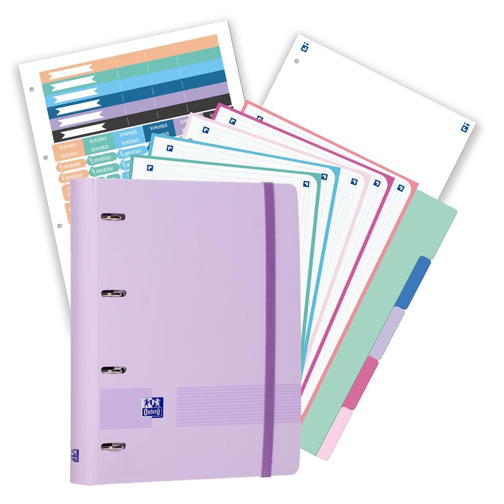Oxford, Pack Archivador Live & Go A4+ 4 Anillas, Plástico Polyfoam, Incluye 2 Recambios con 5 Bandas Color Cuadrícula 5x5 y Separadores de Plástico, Color Malva Pastel