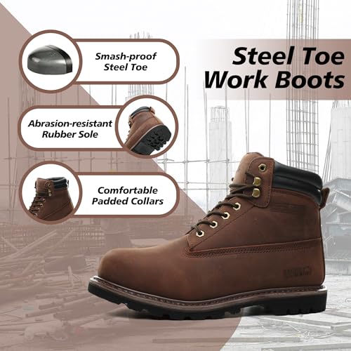 Image of Steel Toe Work Boots for Men, 6-Inch Non Slip Comfortable Leather Waterproof Industrial Construction Safety Workboots