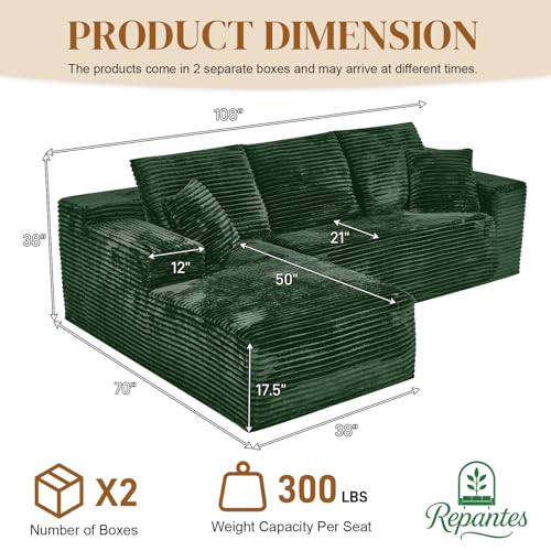 Image of 108 inch L Shaped Boneless Sectional Couches for Living Room, Comfy Corduroy Floor Cloud Sofa with Chaise, Wide Armrest, Deep Seat, Memory Foam, Assembly Free, Ideal for Small Spaces, Green