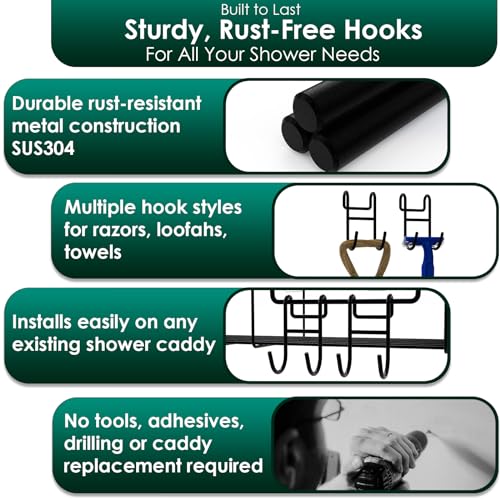 Image of Shower Caddy Hooks, Razor Hanger for Shelf and Loofah (Black - 1 Closed 1 Open)
