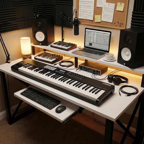 Image of FFO Music Studio Desk | Music Studio Desk with Keyboard Tray | Workstation,Laptop PC Computer, Music Instrument Table for Music Producers | (White) | (120L x 60W x 87H CM) | (DIY)