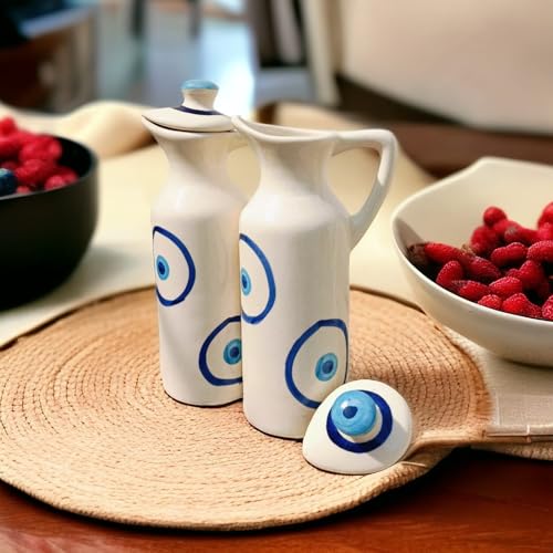 Image of MALAIKAH Ceramic Oil Dispenser Evil Eye Pack of 2 for Kitchen, Dining, Gifting, Home & Kitchen Decor