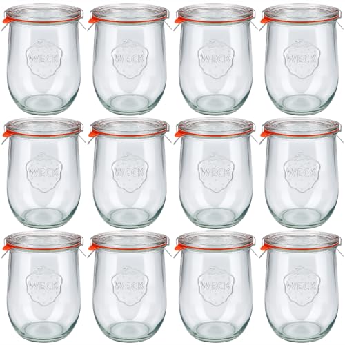 Flaschenland - 12x WECK 1000ml Tulpenglas, Einmachglas Komplett-Set inkl. Deckel, Klammern und Gummidichtung | Ideal als Vorratsglas, Marmeladenglas, Konservenglas oder Dessertglas | Made in Germany
