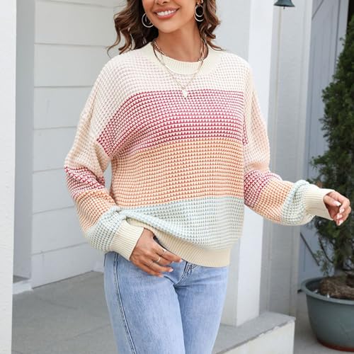 Women's Colorful Stripe Sweater 2023 Fall Long Sleeve Crew Neck Color Block Casual Knitted Pullover Tops2