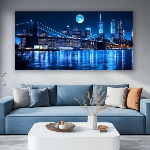 Décoration de salon moderne : tableau paysage urbain bleu foncé