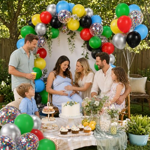Image of Multicolor Balloons, 60Pcs Red Yellow Blue Balloon, 12 Inch Latex Colorful Metallic Silver Green Black Red Blue Yellow Confetti Balloons Helium for Baby Shower Kids Birthday Wedding Party Decorations