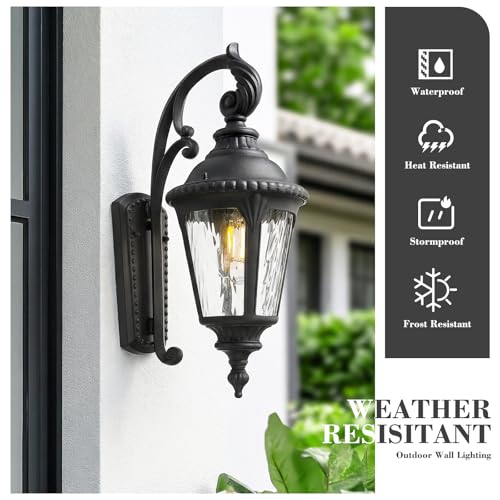 Image of Emliviar Porch Sconce Lighting for Patio, 19.7 Inch Black Classic Outdoor Wall Sconce with Water Ripple Glass Shade, XE265B-S BK-SW