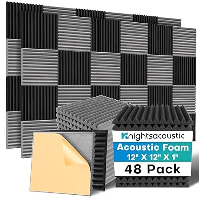 Knightsacoustic 48 Pack Sound Proof Foam Panels for Walls with Self Adhesive, 12x12x1 Acoustic Foam Panels, High Density Acoustic Panels Sound Absorbing, Fire Resistant Studio Sound Proofing Black