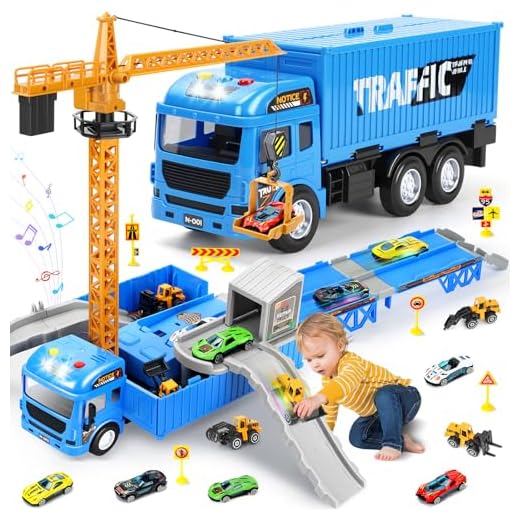 Charmofun Camion Cantiere Giocattolo per Bambini, Camion Set Veicoli da Cantiere con Musica, Luci, Doppia Pista e Torre Gru, Incluse Bulldozer, Trattore, Carrello Elevatore, Rullo, Regalo per 3+ Anni