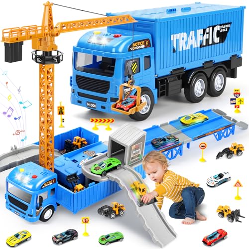 Charmofun Camião de construção veículos de brinquedo, camião de brinquedo com luzes, som, ejeção de pista, camiões brinquedos com grua de brinquedo e 6 mini veículos de obra, presente para 3 4 5 anos