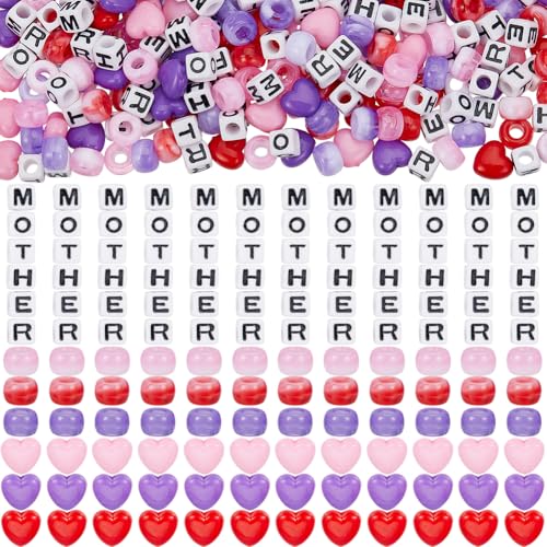 SOFPLATE 660Pcs Mother's Day Bracelet Kits Pony Beads Bracelet Making Kit Beads and Letters Acrylic Red Pink Purple Heart Beads for Jewelry Making Supplies DIY Bracelets Valentines Day