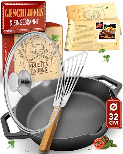 KRUSTENZAUBER Gusseisenpfanne Induktion 32cm Doppelgriff - inkl. Deckel und Pfannenwender - Geschliffene Pfanne Gusseisen, Eisenpfanne, Cast Iron Pan, Gusspfanne, Gusseiserne Pfanne, Gusseisen-Pfanne
