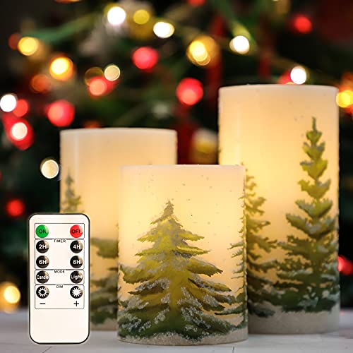 Image of MELTONE Christmas Tree Flameless Candles with Remote Real Wax Flickering Battery Operated Candles - Home Party Holiday Decorations - Set of 3