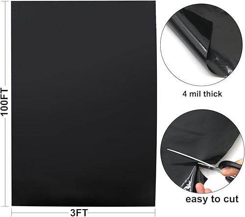 Miniatura 6 de Rollo de plástico negro de 4 mil, barrera de malas hierbas, tela de paisaje, rollo de plástico resistente para jardín, láminas de polietileno