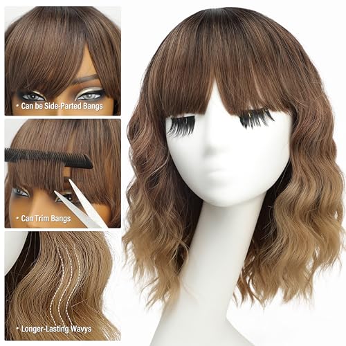 Image of Nnzes Short Wavy Bob Wig with Bangs for Women Shoulder Length Curly Ombre Brown Blonde Synthetic Heat-Resistant Fiber Hair for Daily & Party Use