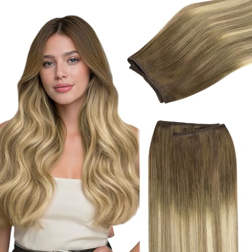 Image of GOO GOO Sew in Hair Extensions Real Human Hair, Weft Hair Extensions Human Hair, 3 /8 /613 Balayage Walnut Brown to Ash Brown and Bleach Blonde 20inch 130g, Weft Bundles Straight Silky Remy Hair