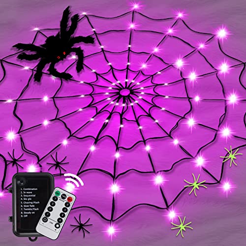 Sinotron Halloween Lights, Orange Purple Halloween Spider Web Lights Decoration 4 Ft Diameter+80 Led+1 Big Black Spider+10 Small Spiders+8 Lighting Modes, Outdoor Indoor Battery Operated Halloween Lights cover