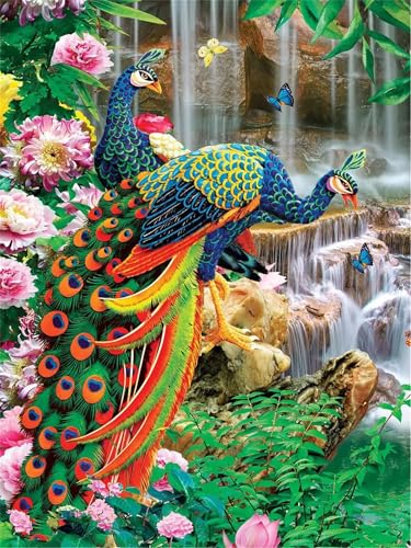 Puzzle 300 Piezas Adultos,Arte de Rompecabezas DIY,Puzzles Juguetes Educativos Estimulantes Decoración del Hogar (Cascada Peonía Pavo Real)