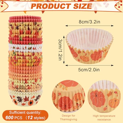 Image of 600 Pack Fall Cupcake Liners Thanksgiving Cupcake Wrappers Disposable Baking Cups Muffin Liners for Birthday Party Fall Themed Party Supply Decor (12 Styles)