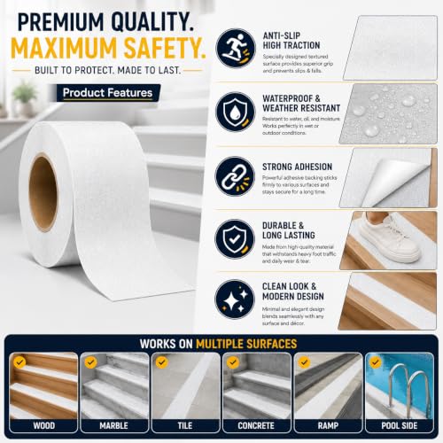 Image of YORWE Anti Slip Stair Tape with Glow in the Dark Strip - Heavy Duty Waterproof Non Slip Traction Tape for Stairs, Steps, Outdoor & Indoor Safety (White, 10 Meter)