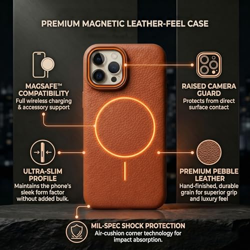 Image of amazon basics Luxury MagSafe Compatible Leather Texture Back Cover for iPhone 13 Pro | Raised Camera Protection | Slim Fit Shockproof Case with Metallic Accents (Orange)