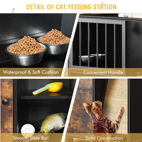 Dog Proof Cat Feeding Station, Cat Feeding Station, Pet Food Storage, Black | Raised Bowls for Indoor Cats, Elevated Food Bowls with Stand, Scratching Board, Stainless Steel Bowls - Image 6