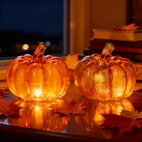 IWTBNOA Herbstdeko Kürbis Deko mit Led 2 Stück Herbst Deko Kürbis Laterne Halloween Kürbis Lampe Kürbislaterne Beleuchtet Für Erntedankfest Halloween Tischdeko Innen Party
