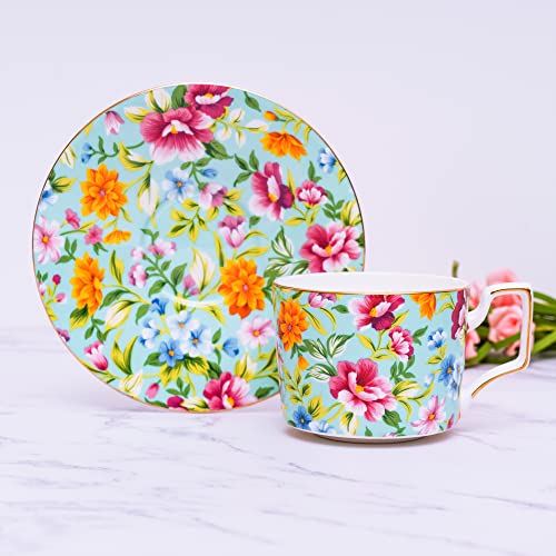 Lanhong 8.5 Ounces Tea Cup And Saucer Set Floral Tea Coffee Cup With Saucer Bone China Teacup And Saucer Set Gift For Mom Friend Tea Party (Green) #TOP3