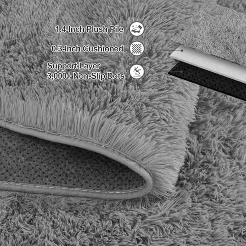 Grey Rugs for Bedroom 2x6 ft - Ultra Soft Faux Fur Area Rug - Plush Non-Slip Shaggy Carpet for Living Room, Cozy Fluffy Rug for Kids Boys Girls Dorm Nursery Room, High Pile Floor Carpet