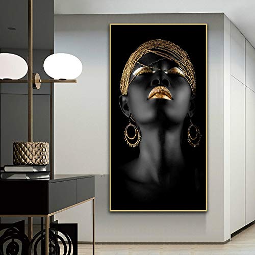 Peinture Africaine Doré Noir moderne grand format 40x80 art scandinave