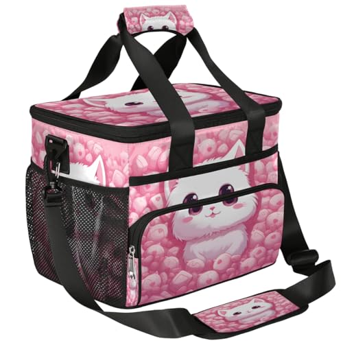 White Cat Insulated Picnic Backpack Lunch Box for Women Men Picnic Basket Tote Lunch Bag Picnic Bag Portable Lunch Bags for Picnic, Beach, Work, Trip,Office, Camp Pinks Cute Kitten