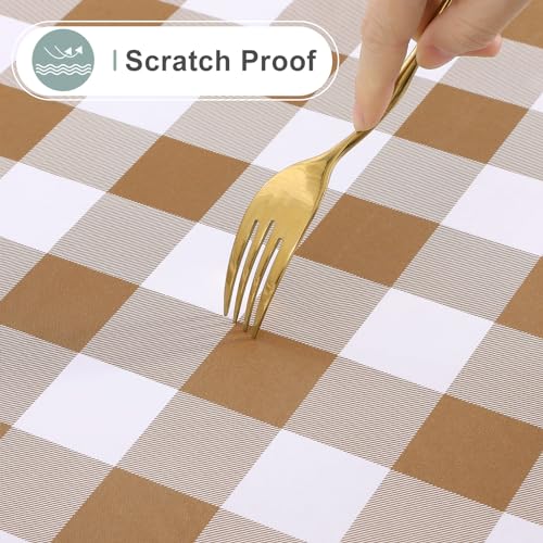 Image of misaya Round Waterproof Vinyl Table Cloth, Buffalo Flannel Backed Tablecloth, Wipeable Plastic Table Cover for Dinner, Kitchen, Picnic (60 inch, Brown and White)